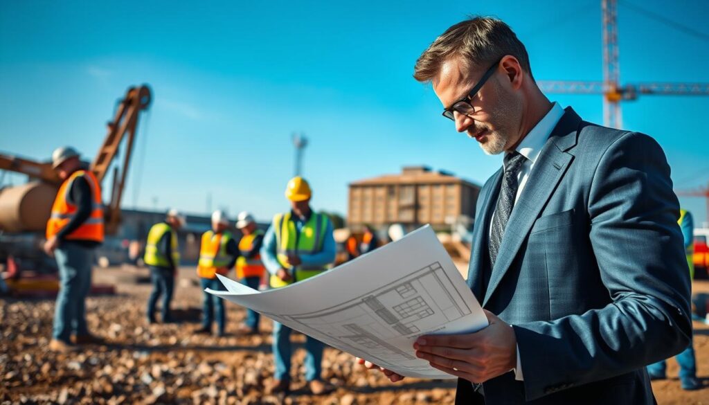 A Bausachverständiger, or construction expert, examining a detailed building plan at a bustling construction site in Minden. In the foreground, the expert, dressed in a sharp navy suit and holding a notepad, closely analyses the document. The middle ground features construction workers in safety vests, actively engaged in various tasks, such as pouring concrete and operating machinery, while discussing plans among themselves. In the background, the iconic Waterways Kreuz structure subtly looms under a clear blue sky. The scene has bright, natural lighting, with a slight golden glow, giving a sense of professionalism and dedication to the craft. Shot on a Sony A7R IV with a 70mm lens, creating a sharply defined and focused image using a polarized filter to enhance color and contrast.