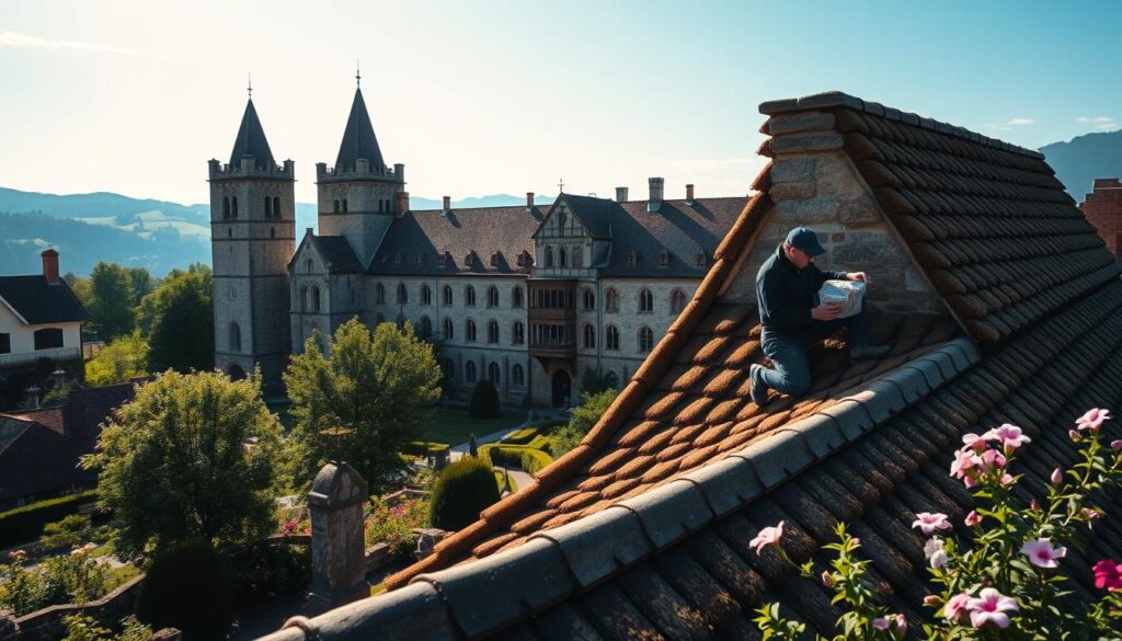 A beautiful view of Westwerk Corvey, showcasing its intricate Romanesque architecture with detailed stone carvings and iconic towers. In the foreground, a skilled thatcher carefully applies traditional roofing materials, emphasizing the craftsmanship of the local trade. The middle ground features the historical ensemble of the monastery, framed by lush green gardens and blooming flowers, while the background reveals a clear blue sky with soft, warm sunlight casting gentle shadows, creating a serene atmosphere. Captured with a Sony A7R IV at 70mm, the focus is sharp and clearly defined, enhanced by a polarized filter to enrich colors and contrast, emphasizing the importance of Corvey as a UNESCO World Heritage site.