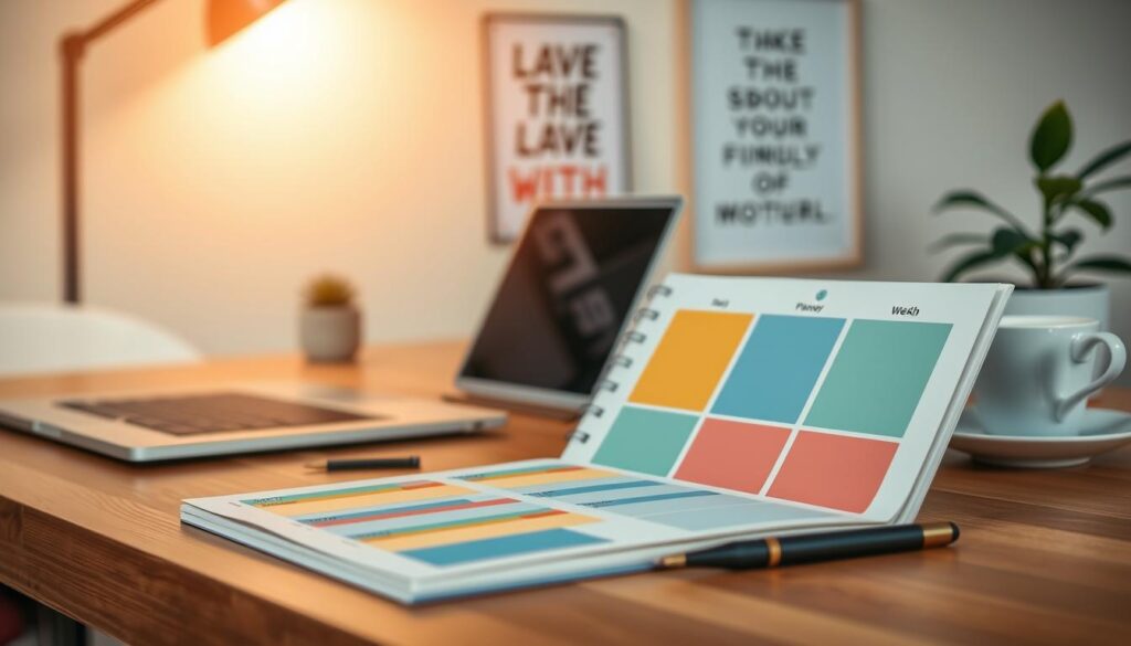 A beautifully arranged desk scene featuring a Zeitblock planner opened to a week's layout. In the foreground, the planner has colorful, clearly defined time blocks for scheduling, with a smooth wooden surface and a sleek pen beside it. The middle ground includes a laptop and a steaming cup of coffee, adding a cozy yet productive feel. In the background, a soft-focus wall with a motivational poster and a small indoor plant enhances the workspace environment. The lighting is warm and inviting, reminiscent of natural daylight, creating a focused yet relaxed atmosphere. Shot with a Sony A7R IV at 70mm, the image captures every detail in crisp clarity, enhanced by a polarized filter for vibrant colors.