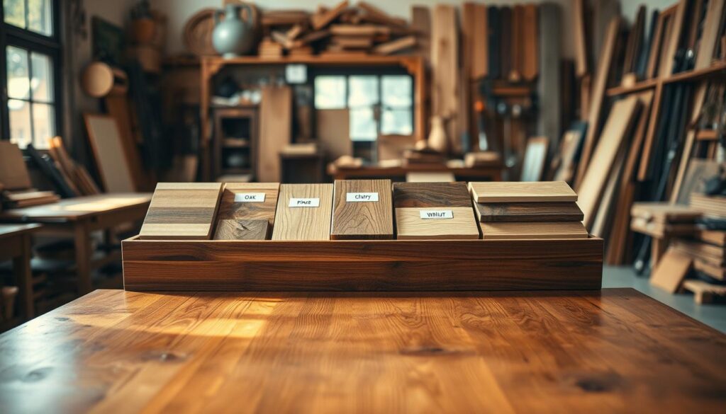 A beautifully arranged display of different wood types, such as oak, pine, cherry, and walnut, showcasing their grain patterns and textures. In the foreground, a polished wooden table captures natural light, highlighting the rich hues of the various woods. In the middle layer, there are labeled sections with samples of each wood type, demonstrating their unique colors and grain. The background features a softly blurred workshop setting, evoking a warm, inviting atmosphere filled with tools and unfinished wood projects. The scene is captured with a Sony A7R IV at 70mm, using a polarized filter to reduce glare and enhance contrasts, embodying a calm and professional mood perfect for an article on craftsmanship and design.