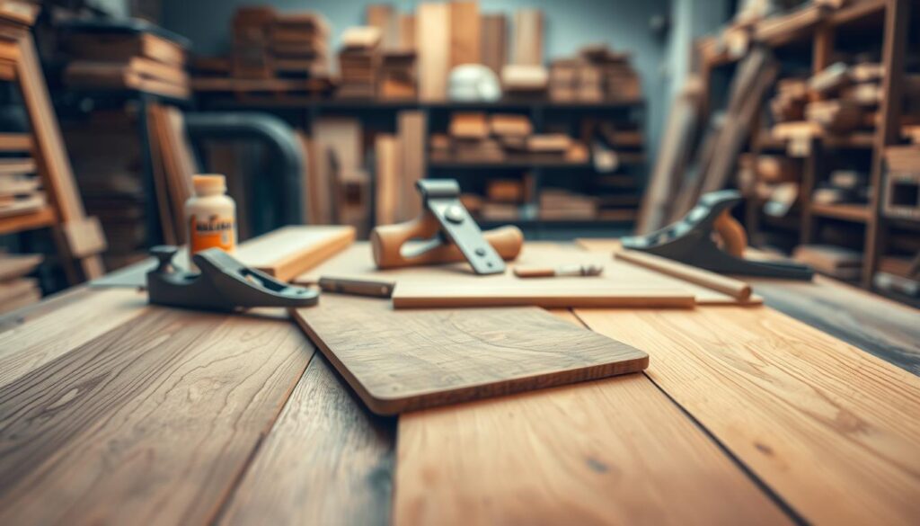 A beautifully arranged display of various furniture materials showcasing wood types, finishes, and textures. In the foreground, close-up views of polished walnut, birch, and oak samples, each exhibiting their unique grain patterns under soft, warm lighting. In the middle ground, tools of the trade such as wood glue, a carpenter's square, and a smooth planer are positioned artistically, hinting at craftsmanship. In the background, a blurred workshop setting with shelves filled with wood and cabinetry supplies. The mood is inviting and professional, emphasizing quality and precision. Shot on a Sony A7R IV at 70mm, the focus is sharp, details are well-defined, and a polarized filter enhances the materials’ natural luster.