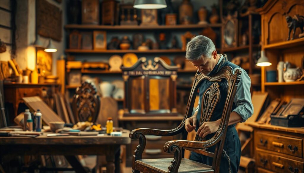 A beautifully arranged scene showcasing the art of furniture restoration in a workshop. In the foreground, a skilled carpenter, dressed in professional attire, carefully inspects an ornate wooden chair, its detailed carvings glinting under warm, diffused lighting. In the middle ground, a workbench is cluttered with tools, such as chisels and varnishes, alongside a partially restored antique dresser, revealing vibrant stained wood. The background features shelves filled with various restored antiques, bathed in soft, ambient light that enhances the textures of the wood. The atmosphere is warm and inviting, evoking a sense of craftsmanship and attention to detail. The image is shot using a Sony A7R IV at 70mm, ensuring a clear focus on the intricacies of the restoration process.