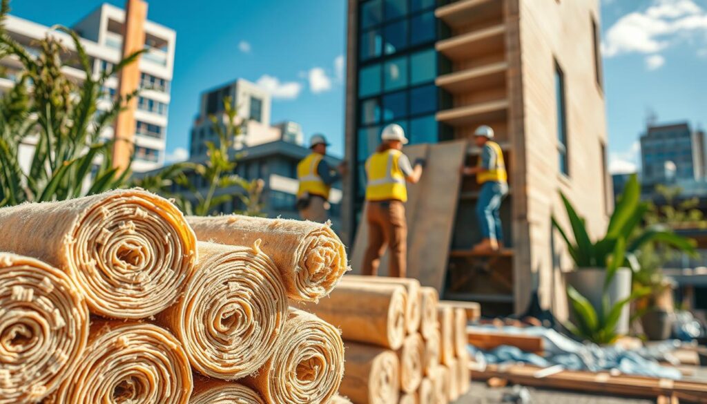 A beautifully composed scene showcasing eco-friendly insulation materials in a modern construction setting. In the foreground, a stack of natural fiber insulation rolls, intricately textured, emphasizing their organic composition and sustainability. In the middle ground, skilled tradespeople dressed in professional work attire are installing these materials on the side of a contemporary building, illustrating teamwork and craftsmanship. The background features an urban environment with green plants and blue skies, highlighting the harmony between nature and architecture. The lighting is bright and natural, emphasizing the warmth of the materials, captured with a Sony A7R IV at 70mm, ensuring a clear focus on the insulation details, enhanced by a polarized filter for vibrant colors and contrast. The overall mood is optimistic and forward-thinking, showcasing the future of environmentally friendly construction.