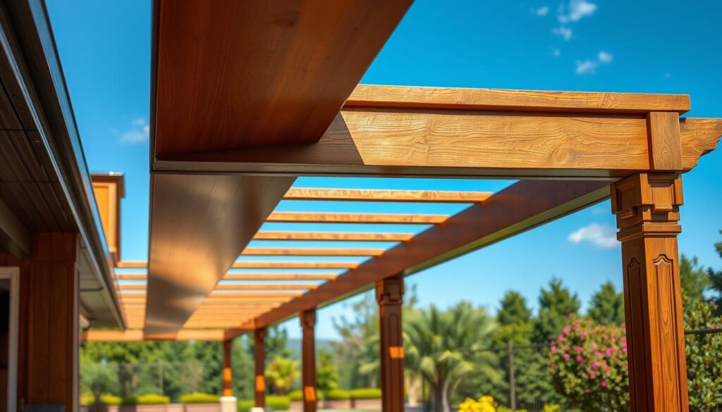 A beautifully crafted custom wooden carport and terrace roof, showcasing exceptional craftsmanship and unique design details. In the foreground, a smooth, polished wooden beam structure supports a sleek rooftop, reflecting natural light with a warm hue. In the middle ground, there are intricate carvings on the wooden posts, highlighting the artistry involved in the project. The background features a serene garden with vibrant greenery and a clear blue sky, enhancing the outdoor ambiance. Photographed using a Sony A7R IV at 70mm, with a polarized filter to minimize glare, the image is sharply defined and clearly focused. The overall mood is inviting and professional, showcasing the beauty of customized wood construction.