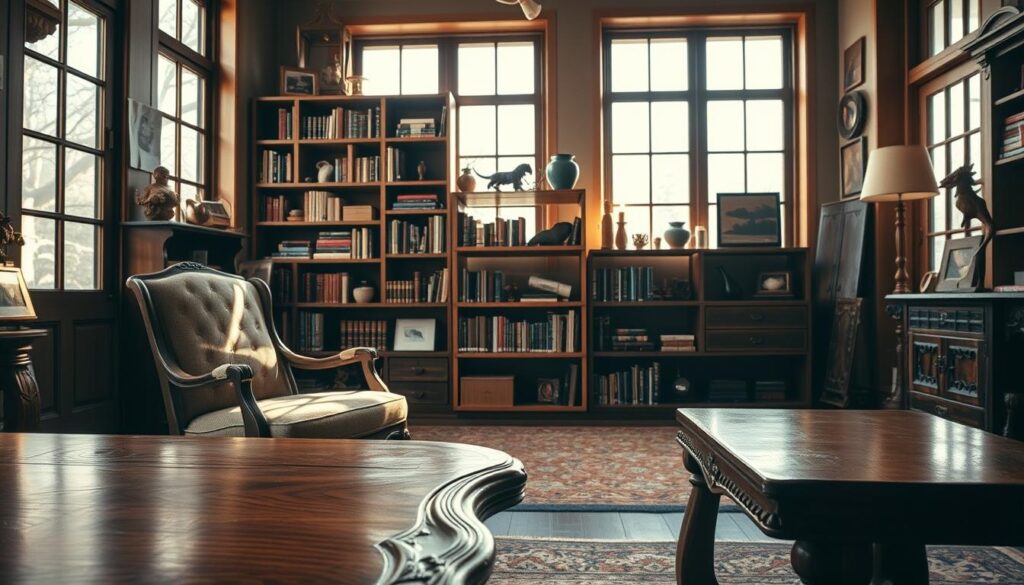 A beautifully crafted interior showcasing custom furniture design, featuring a warm, inviting ambiance. In the foreground, a finely detailed wooden table with intricate carvings sits next to a stylish, upholstered chair. The middle ground highlights a unique, handmade bookshelf filled with both books and decorative items, capturing the craftsmanship of skilled artisans. Behind, large windows illuminate the space with soft, natural light, casting gentle shadows that enhance the room's depth. The atmosphere is one of elegance and creativity, emphasizing the art of woodworking and individual design. Shot on a Sony A7R IV at 70mm, with a polarized filter, creating clear focus and sharp definition, portraying a cozy yet sophisticated setting.