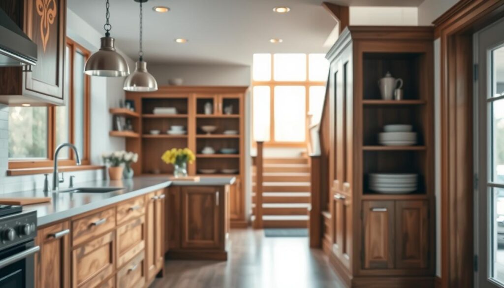 A beautifully crafted kitchen, featuring custom cabinetry with intricate woodwork, showcasing the elegance of bespoke design. In the foreground, there are unique handmade kitchen elements like a fitted island and stylish shelving, each reflecting meticulous attention to detail. The middle ground presents a bright and airy space filled with natural light, emphasized through large windows and strategically placed LED lights that create a warm ambiance. The background includes a sleek stairway with custom wood railings that complement the kitchen style, creating a harmonious flow of design. The image is shot with a Sony A7R IV at 70mm, ensuring clear focus and sharp definition, enhanced by a polarized filter for vivid colors and contrast. The mood is inviting and sophisticated, encapsulating the essence of individual design.
