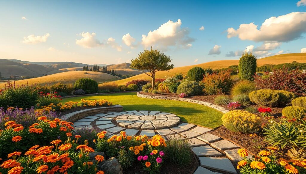 A beautifully designed garden layout showcasing a harmonious blend of natural stone pathways and colorful plantings. In the foreground, a variety of blooming flowers in vibrant hues like orange, purple, and yellow surround a small, neatly arranged stone patio. The middle ground features a well-maintained lawn leading to a charming ornamental tree, while a diverse selection of shrubs adds depth and texture. In the background, gentle rolling hills under a soft blue sky with fluffy white clouds create a serene atmosphere. The lighting captures the golden hour glow, enhancing the colors and details. Shot on a Sony A7R IV at 70mm, the image is sharply defined and clearly focused, with a polarized filter enhancing the vibrancy of the plants.