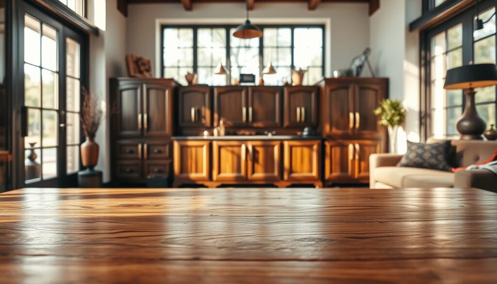 A beautifully designed interior showcasing an elegant combination of wood and metal materials. In the foreground, a sleek wooden table with a rich finish complements industrial-style metal accents. The middle section features intricately crafted cabinetry made from dark wood, adorned with brushed metal handles, radiating craftsmanship. In the background, large windows allow natural light to flood the space, highlighting the textures and colors. The scene is meticulously arranged, creating a harmonious balance between warmth and modernity. The atmosphere is inviting and stylish, perfect for a sophisticated living environment. Shot with a Sony A7R IV at 70mm, utilizing a polarized filter for clear focus and sharp definition, emphasizing the material contrasts.