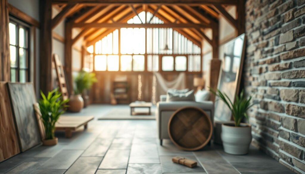 A beautifully designed interior space showcasing sustainable materials for renovation. In the foreground, a selection of eco-friendly building materials: reclaimed wood beams, bamboo flooring, and natural stone tiles, arranged aesthetically. The middle layer features a bright and airy living area, with large windows allowing for warm, natural light to fill the room, highlighting the textures of the materials. In the background, a partially renovated barn structure stands, with visible traditional craftsmanship blending seamlessly with modern sustainable design elements. The lighting is soft and inviting, creating a cozy atmosphere. The image is captured with a Sony A7R IV at 70mm, ensuring sharp focus and clarity, suitable for showcasing the beauty of sustainable material choices. The scene evokes a sense of harmony between nature and modern living.