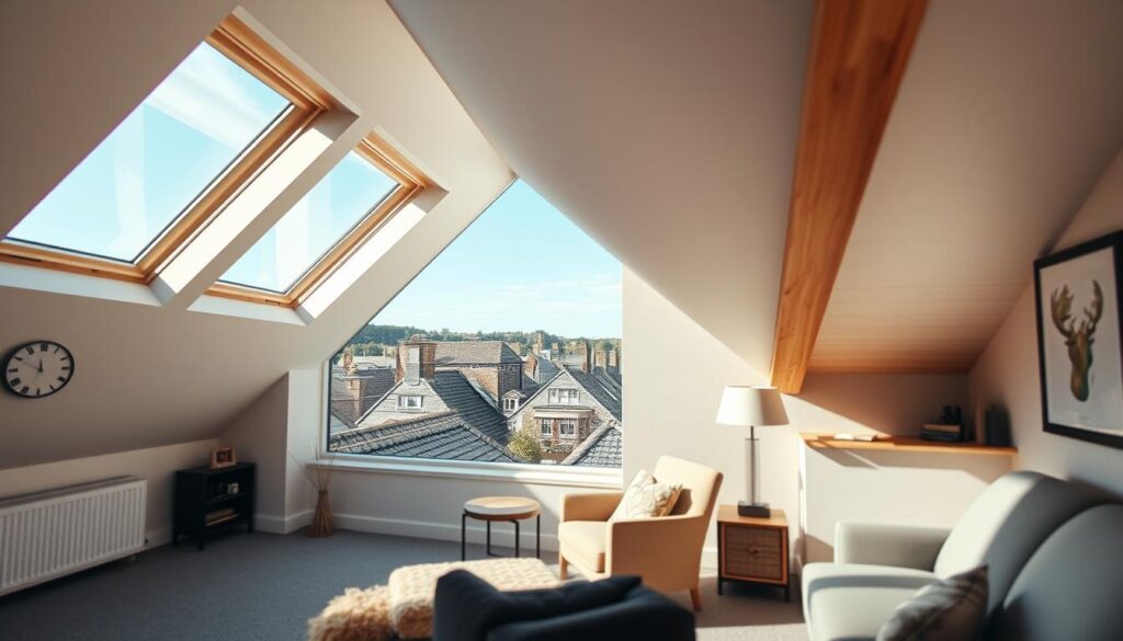 A beautifully designed, modern attic conversion demonstrating the advantages of a roof expansion. In the foreground, showcase an inviting, spacious attic interior featuring large skylights that flood the room with natural light. Include comfortable furniture such as a cozy reading nook with a padded chair and a small table. The middle ground should depict elegant exposed wooden beams and stylish decor, emphasizing a warm and homely atmosphere. In the background, highlight a picturesque rooftop view of a quaint town under a clear blue sky. Capture the image using a Sony A7R IV at 70mm, ensuring clear focus and sharp definition, with a polarized filter to enhance the colors. The overall mood should be cheerful and uplifting, inspiring viewers to envision the benefits of attic expansion for their homes.