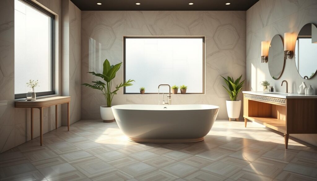 A beautifully designed modern bathroom showcasing creative solutions for space optimization and relaxation. The foreground features elegant tiles in soft pastel colors with geometric patterns, reflecting light. In the middle ground, a spacious freestanding bathtub sits under a large frosted window, bathed in natural light that creates a serene ambiance. An intricately designed vanity with stylish faucets complements the decor, with potted plants adding a touch of greenery. The background showcases luxurious wall textures and ambient lighting fixtures, enhancing the wellness atmosphere. The scene is photographed with a Sony A7R IV at 70mm, sharply focused and clearly defined, with a polarized filter for vibrant colors. The overall mood is tranquil and inspiring, perfect for innovative bathroom design ideas.