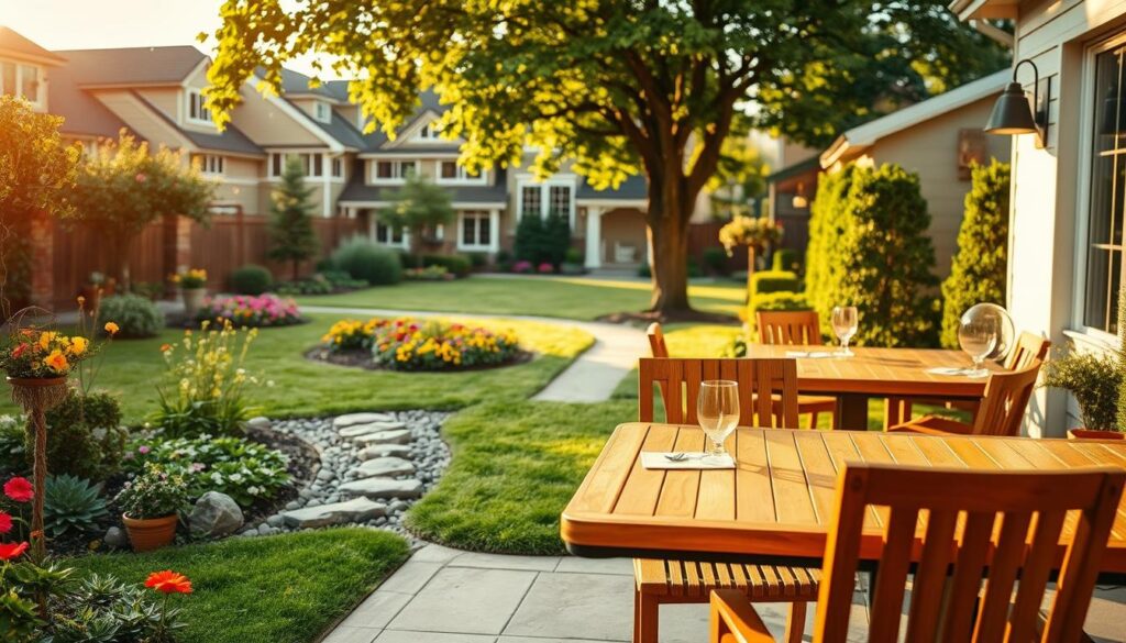 A beautifully designed outdoor space in Minden, featuring a cozy patio area with elegant wooden furniture, surrounded by lush greenery and vibrant flower beds. In the foreground, a modern wooden table set for a small gathering with stylish, comfortable chairs. The middle ground showcases a charming garden path lined with decorative stones, leading to a beautifully manicured lawn. In the background, traditional Minden architecture complements the scene, hinting at a serene neighborhood vibe. The lighting is warm and golden, evoking a late afternoon sun. Capture this scene with a Sony A7R IV at 70mm, ensuring sharp details, with a polarized filter to enhance the vibrancy of colors. The overall atmosphere is inviting and tranquil.