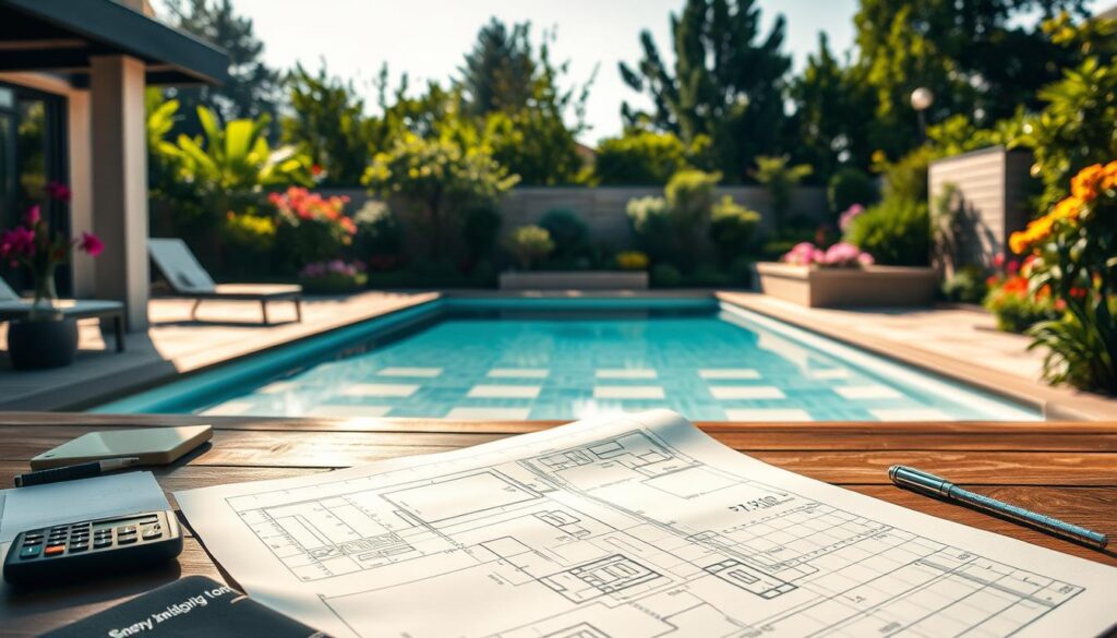 A beautifully designed outdoor swimming pool in a modern backyard setting, showcasing various planning aids and tools scattered around. In the foreground, a detailed architectural blueprint with measurement markings lies on a wooden table, alongside a notebook and a calculator. The middle ground features the pool, with crystal clear water reflecting the sunlight, surrounded by elegant outdoor tiles that complement the landscape. Lush greenery and vibrant flowers frame the background, providing a tranquil and inviting atmosphere. The scene is captured with a Sony A7R IV at 70mm, with a polarized filter to enhance colors and clarity. Soft sunlight bathes the area, creating a warm and motivating mood, ideal for pool project planning. No people are present, ensuring focus on the setting and tools.