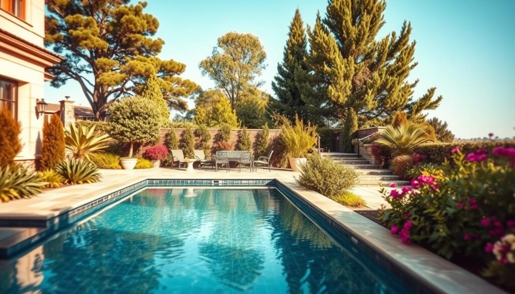A beautifully designed pool garden scene showcasing elegant landscaping. In the foreground, a stunning rectangular swimming pool glistens under sunlight, bordered by polished outdoor tiles that blend harmoniously with lush greenery. Flanking the pool, strategically placed ornamental plants and flowering shrubs add vibrant colors. The middle ground features a tasteful stone patio with upscale outdoor furniture, including a stylish table and chairs, inviting relaxation. In the background, tall trees form a natural privacy screen, while a clear blue sky enhances the overall tranquility of the setting. The image should be captured with a Sony A7R IV at 70mm, ensuring a clearly focused and sharply defined scene, enhanced by a polarized filter to reduce glare and enrich colors, evoking a serene and inviting atmosphere.