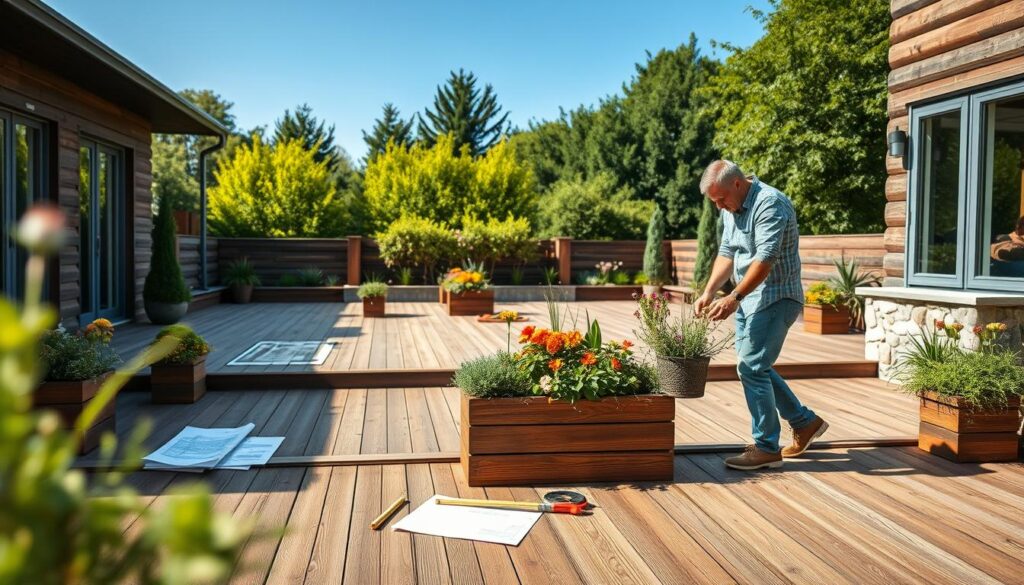 A beautifully designed terrace in a serene garden setting in Holzminden, showcasing rich wooden decking seamlessly integrated with natural stone accents. In the foreground, a skilled landscape architect wearing casual, professional clothing meticulously arranges planters filled with vibrant greenery and seasonal flowers. The middle ground features a partially constructed terrace, emphasizing planning and design elements, with measuring tools and blueprints laid out. In the background, lush trees and a clear blue sky suggest a peaceful afternoon, filtered sunlight casting gentle shadows. The scene conveys a sense of harmony and attention to detail, captured in sharply defined clarity, using a Sony A7R IV with a 70mm lens and polarized filter to enhance colors and textures.