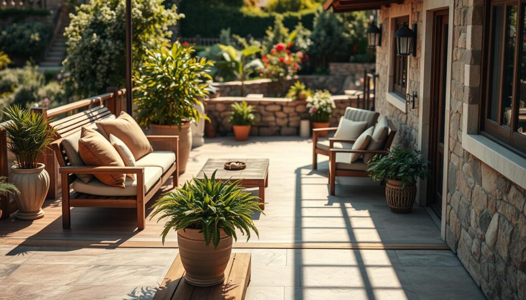 A beautifully designed terrace showcasing various materials such as natural stone tiles, wooden decking, and decorative concrete. In the foreground, a cozy seating area with stylish outdoor furniture, adorned with cushions in earthy tones. The middle ground features lush green plants in elegant pots, enhancing the terrace's ambiance. In the background, the distant outline of a garden with blooming flowers and a charming stone wall. Soft, warm sunlight filters through, creating inviting shadows that emphasize the textures of the materials. Shot with a Sony A7R IV at 70mm, ensure crisp details and vivid colors, using a polarized filter to enhance the visual richness. The overall mood is serene and welcoming, reflecting the concept of terraces as enriching outdoor spaces.