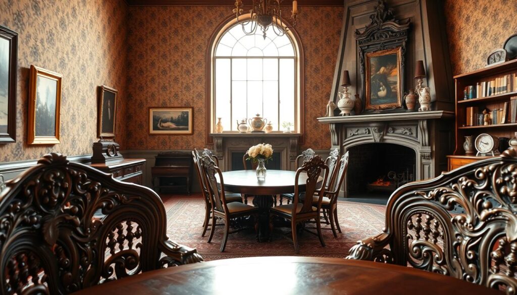 A beautifully detailed interior space showcasing "Weserrenaissance" design elements. In the foreground, intricately carved wooden furniture, displaying ornate motifs typical of the era. The middle of the room features a large, elegant dining table surrounded by high-backed chairs, set against a backdrop of rich, textured wallpaper adorned with historical patterns. A large window floods the room with soft, natural light, illuminating the space with a warm glow. In the background, a majestic fireplace with elaborate stonework anchors the room, balanced by shelves filled with antique books and decorative ceramics. The atmosphere is inviting and historically resonant, evoking a sense of grandeur and craftsmanship. Shot on a Sony A7R IV at 70mm, clearly focused and sharply defined, with a polarized filter enhancing the vibrancy of the colors and textures.