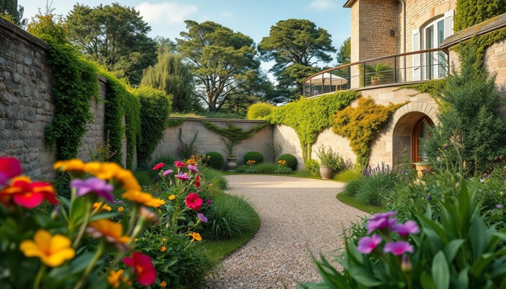 A beautifully landscaped garden featuring well-maintained stone walls and an elegant terrace. In the foreground, vibrant flowers and lush greenery frame the scene, with a well-tended gravel path leading towards the terrace. The middle ground showcases aged, textured garden walls decorated with climbing plants and moss, reflecting meticulous care. In the background, a serene view of trees and a clear blue sky enhances the tranquil atmosphere. The image is shot using a Sony A7R IV at 70mm with a sharply defined focus, employing a polarized filter to enhance colors and contrast. Soft, natural lighting illuminates the scene, creating a warm, inviting mood perfect for illustrating garden maintenance tips.