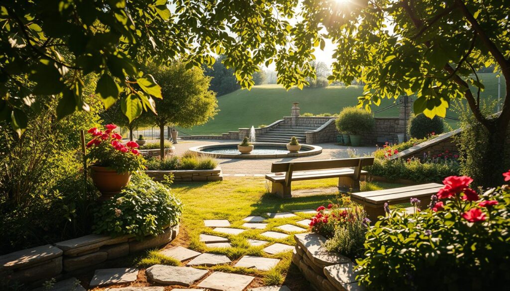 A beautifully landscaped garden scene showcasing Naturstein in Minden, Germany. In the foreground, a combination of locally sourced natural stone paths and decorative stone borders create an inviting atmosphere. Lush greenery and vibrant blooms of various plants frame the scene, enhancing the natural beauty of the area. In the middle ground, a tranquil seating area made of handcrafted stone benches invites relaxation, with subtle details like planters overflowing with flowers. The background features a gentle slope leading to a serene water feature, reflecting the sky. The warm sunlight filters through the leaves, casting dappled shadows and creating a peaceful, inviting ambiance. The image is shot with a Sony A7R IV at 70mm, ensuring a clearly focused, sharply defined representation, enhanced by a polarized filter to enrich colors and contrasts.