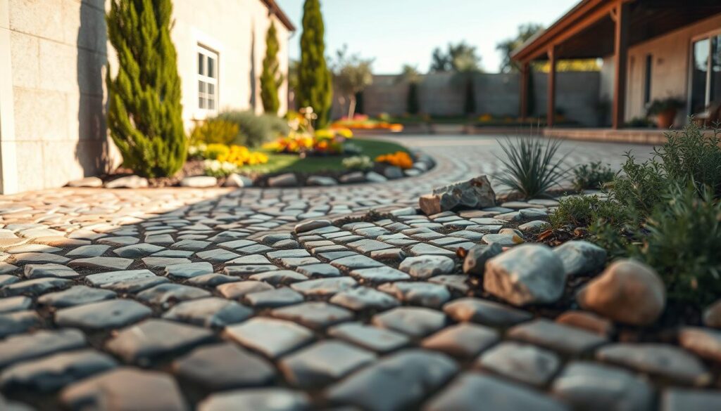 A beautifully landscaped outdoor area showcasing meticulous stone paving work, with a mix of colorful natural stones arranged artistically on the ground. In the foreground, focus on the detailed texture of the cobblestones, glistening subtly under natural light. The middle ground features a professionally landscaped garden with lush greenery and strategically placed ornamental plants, creating a harmonious blend of paved and planted areas. In the background, a clear blue sky complements the serene atmosphere, with soft, diffuse lighting lending warmth to the scene. Shot with a Sony A7R IV at 70mm, the image is sharply defined and clearly focused, using a polarized filter to enhance colors and contrasts, conveying a sense of beauty and functionality in landscape design.
