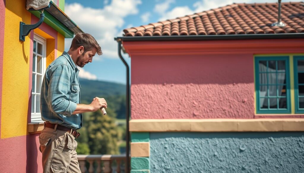 A beautifully maintained building façade featuring a mix of vibrant colors, emphasizing both aesthetic appeal and protective qualities. In the foreground, a professional painter, dressed in casual work attire, is carefully applying a fresh coat of paint, showcasing their meticulous technique. The middle ground reveals the intricately textured wall, highlighting the layers of paint that offer durability against weather elements. The background shows a scenic view of Porta Westfalica with lush greenery and clear blue skies, contributing to the serene atmosphere. The image is captured with a Sony A7R IV at 70mm, using a polarized filter to enhance color vibrancy and reduce glare, ensuring clear focus and sharp definition throughout. The overall mood is professional and inviting, illustrating the harmony of protection and beauty in façade painting.