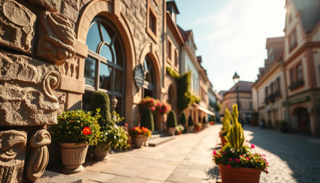 A beautifully restored Bürgerhaus in Bad Pyrmont, showcasing detailed sandstone and natural stone facades. In the foreground, highlight the textured stonework with intricate carvings and well-defined edges, reflecting careful craftsmanship. The middle ground features the building’s elegant entrance and large arched windows, framed by lush greenery and vibrant flowers, adding a touch of color. In the background, the charming streets of Bad Pyrmont can be seen, with quaint shops and cobblestone pathways under a clear blue sky. The scene is illuminated by warm, soft sunlight, casting gentle shadows that enhance the building's features. Shot on a Sony A7R IV at 70mm, ensuring a crisp, clearly focused image with a polarized filter for enhanced contrast and clarity. The atmosphere is serene, evoking appreciation for the art of restoration.