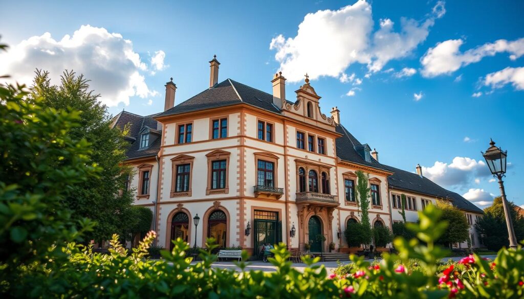 A beautifully restored Erbmarschallhof located on Corbiestraße in Höxter, showcasing its intricate architectural details and vibrant period colors. In the foreground, showcase lush greenery and period-appropriate garden elements that complement the building's aesthetic. The middle ground features the stately facade of the Erbmarschallhof, highlighting its ornate windows, doorways, and historical embellishments, bathed in soft, warm afternoon light. The background includes a clear blue sky with fluffy white clouds. Photographed using a Sony A7R IV at 70mm, the image should be sharply defined, with a polarized filter enhancing the colors and contrasts, creating a serene and inviting atmosphere that reflects the building's historical significance and the care taken in its restoration.