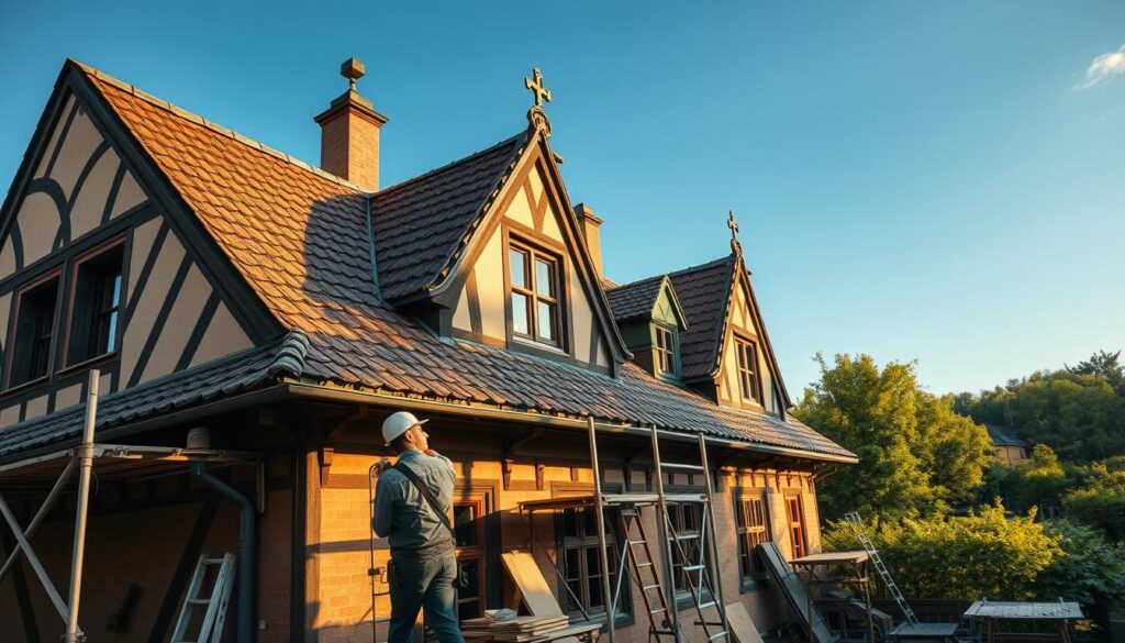 A beautifully restored Weserrenaissance building, showcasing intricate architectural details like ornate gables and timber framing, bathed in warm afternoon sunlight. In the foreground, a skilled tradesperson, dressed in professional work attire, carefully inspects the roof, which features traditional hand-crafted tiles—a hallmark of the style. The mid-ground includes scaffolding, tools, and materials scattered around, emphasizing the renovation process. In the background, lush greenery and a clear blue sky provide a serene setting. The image is captured with a Sony A7R IV at 70mm, ensuring a sharply defined focus on the roof while retaining soft bokeh in the background. The atmosphere is one of craftsmanship and dedication, illustrating the importance of enhancing historical architecture.