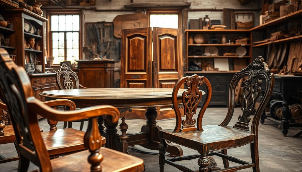 A beautifully restored collection of historic furniture displayed in an elegant workshop. In the foreground, intricately carved wooden chairs with ornate details and rich patina contrast against a delicate oval dining table featuring subtle, age-worn textures. In the middle ground, a pair of vintage wooden doors with decorative moldings hint at their historical significance, their colors warm and inviting. The background reveals shelves filled with antique tools and materials, enhancing the ambiance of craftsmanship and restoration. Soft, natural light filters through large windows, casting dynamic shadows and illuminating the furniture with a gentle glow. The image is captured with a Sony A7R IV at 70mm, ensuring sharp clarity and depth. The mood evokes a sense of nostalgia and reverence for traditional craftsmanship in furniture restoration.