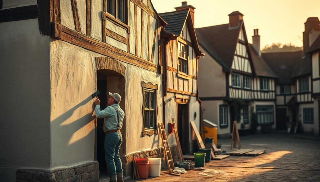 A beautifully restored half-timbered house in the foreground, showcasing the benefits of plastering with smooth, freshly applied render in a soft light. The scene captures an artisan in professional attire carefully applying plaster to the facade, demonstrating skill and attention to detail. In the middle ground, tools like trowels and buckets are neatly arranged, indicating ongoing work. The background features a charming village setting with traditional architecture bathed in golden hour light, enhancing the warm, inviting atmosphere. Shot with a Sony A7R IV at 70mm, the image is clearly focused with sharp details, complemented by a polarized filter that enriches colors and minimizes glare. The mood is one of craftsmanship and transformation, emphasizing the aesthetic and protective advantages of plastering timber frames.