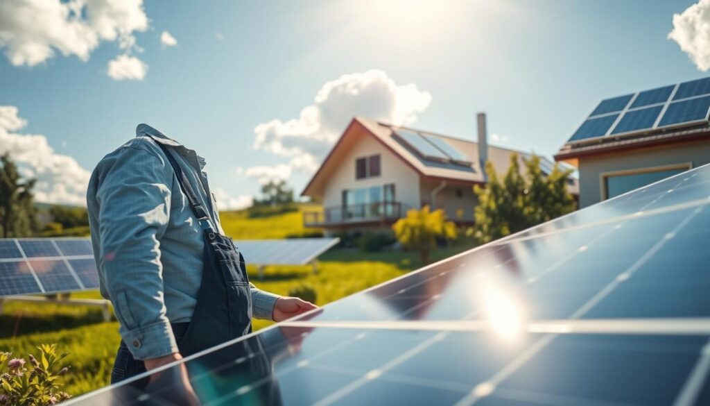 A bright outdoor scene showcasing the advantages of photovoltaic solar panels in a picturesque setting. In the foreground, a professional electrician, dressed in a smart casual outfit, inspects a solar panel installation on a sunny roof of a modern, eco-friendly home. The middle ground features a lush green landscape with additional solar panels reflecting sunlight, symbolizing renewable energy and sustainability. In the background, a clear blue sky with soft, fluffy clouds creates a cheerful atmosphere. The image should have bright, natural lighting that enhances the vibrant colors, captured with a Sony A7R IV at 70mm, ensuring a sharply defined focus with a polarized filter to highlight the solar panels' surfaces, evoking a sense of innovation and environmental responsibility.