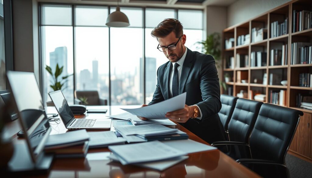 A business office environment featuring a professional male boss, intently analyzing performance reports at his sleek, modern desk. He is dressed in a sharp suit, appearing focused and contemplative. In the foreground, the cluttered desk shows papers and a laptop, signifying a busy work atmosphere. In the middle ground, a large window reveals a city skyline, with natural light flooding the room, casting soft shadows. The background includes bookshelves filled with business books and plants to add a touch of warmth. The mood is serious yet motivational, encapsulating the pressure of leadership. Shot on Sony A7R IV, 70mm, with a polarized filter for clarity and detail, ensuring a sharply defined image.