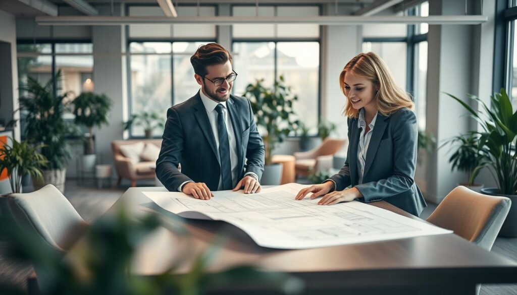 A business-themed scene illustrating the concept of "doppelte Passung." In the foreground, depict two professionals, a man and a woman, engaged in a collaborative discussion over a blueprint on a large table. Both are dressed in smart business attire, exuding confidence and enthusiasm. In the middle, show a modern office environment filled with plants and soft furnishings, symbolizing a harmonious workplace. The background features large windows with natural light streaming in, creating an inviting and productive atmosphere. Use a Sony A7R IV with a 70mm lens for a clearly focused, sharply defined image, enhanced with a polarized filter to deliver vibrant colors and contrast, embodying a sense of teamwork and alignment. The overall mood should be optimistic and professional.