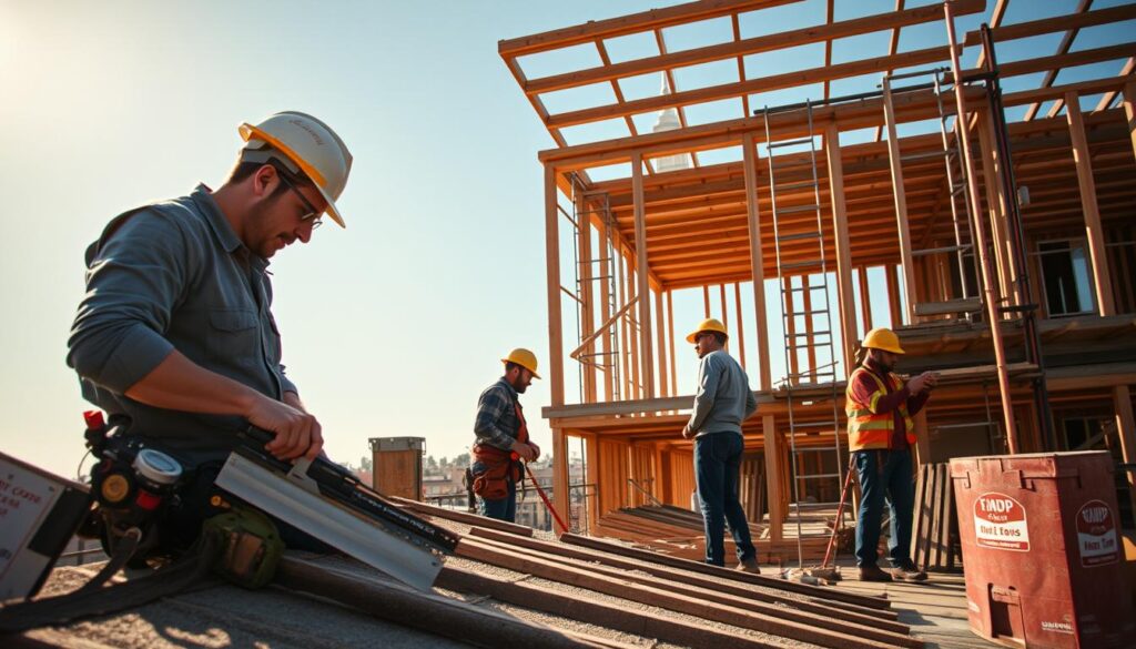 A bustling construction site showcases a variety of skilled tradespeople engaged in different tasks, illustrating the diverse crafts for building projects. In the foreground, a professional roofer in a hard hat, equipped with tools, meticulously measures and cuts roofing materials. In the middle, a carpenter constructs wooden frameworks, while an electrician works on wiring nearby, ensuring safety and precision. The background reveals a partially completed building structure under a clear blue sky, with scaffolding and construction materials around. Soft, natural lighting enhances the scene, emphasizing teamwork and professionalism among the workers. Captured with a Sony A7R IV at 70mm, the image is sharply defined with a polarized filter, conveying an atmosphere of productivity and collaboration.