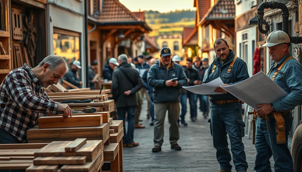A bustling streetscape in Porta Westfalica, showcasing skilled craftsmen and tradespeople engaging in their work. In the foreground, a carpenter meticulously crafts wooden furniture, showcasing fine details and craftsmanship. To the right, a plumber discusses plans with a homeowner, using blueprints and tools, all portrayed in professional business attire. The middle ground features cheerful groupings of various tradespeople, such as electricians and masons, collaborating and showcasing their tools. The background reveals the beautiful landscapes of the Weserbergland, with hills and greenery glowing softly under golden hour lighting. The atmosphere is vibrant and industrious, shot with a Sony A7R IV at 70mm with a polarized filter, creating a sharp focus and clear definition, emphasizing the unity of trade and community in this picturesque setting.