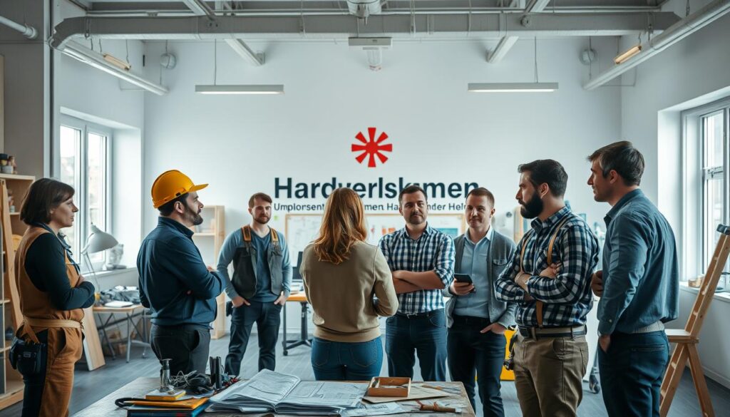 A busy and collaborative workspace representing the "Handwerkskammer Unterstützung Handwerker" concept. In the foreground, a diverse group of professional artisans, including a roofer, painter, and carpenter, are engaged in a discussion, wearing business casual attire. In the middle ground, there's an open office environment featuring blueprints, tools, and supportive resources displayed prominently. The background showcases a large wall with the Handwerkskammer logo, symbolizing mentorship and guidance. Soft, natural lighting from large windows creates a warm and inviting atmosphere, enhancing the sense of teamwork and support. The scene is sharply defined and shot on a Sony A7R IV at 70mm, utilizing a polarized filter to achieve vibrant colors and clarity.