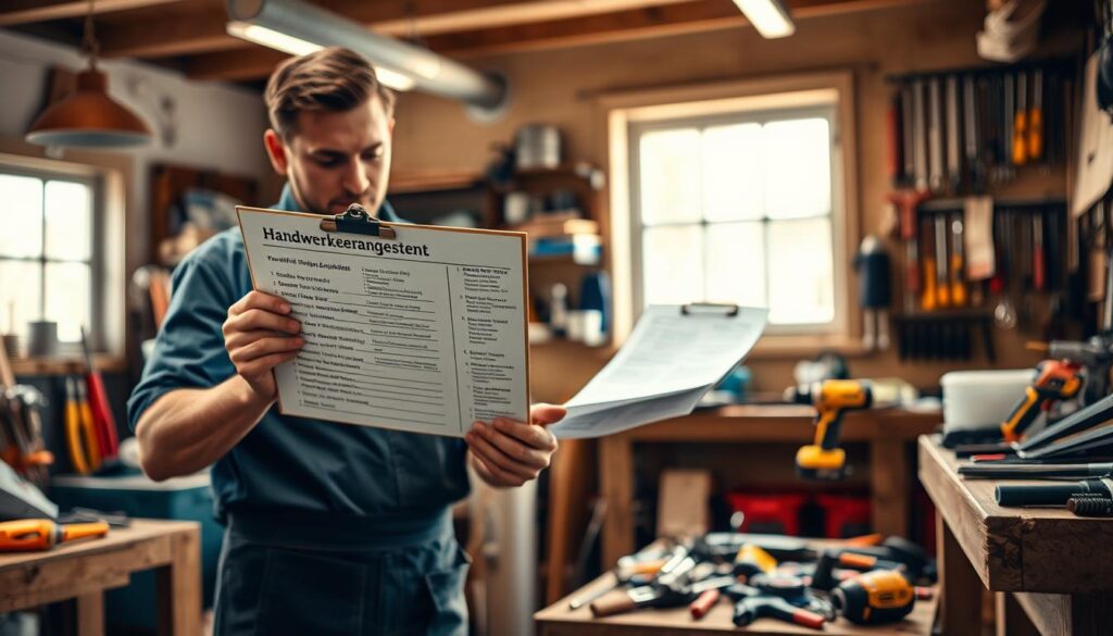 A busy home improvement scene in a well-lit workshop showing a professional handyman reviewing multiple "Handwerkeranfragen." In the foreground, a focused handyman in a crisp blue shirt and work apron examines a clipboard filled with requests for various home repairs. The middle ground displays a variety of tools neatly arranged—hammers, screwdrivers, and power drills—highlighting the handyman's readiness for swift action. In the background, a bright window lets in natural light, enhancing the atmosphere of productivity and urgency. Capture this moment with a warm yet professional vibe, shot on a Sony A7R IV at 70mm, ensuring every detail is clearly focused and sharply defined, enhanced by a polarized filter for depth and vivid colors.