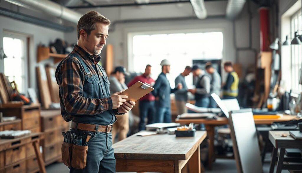 A busy workshop scene illustrating "waiting times for craftsmen" in Hameln. In the foreground, a well-dressed contractor stands beside a wooden workbench, checking a clipboard with a look of anticipation. His professional attire is complemented by a tool belt. In the middle ground, a diverse group of craftsmen, including a plumber and an electrician, are engaged in discussions, highlighting their schedules. The background features a bright window with natural light streaming in, showcasing tools and projects in progress. The atmosphere is a mix of professionalism and urgency, with a slight blur on the background to emphasize the foreground activities. Shot on a Sony A7R IV at 70mm, with a tightly focused composition and polarized filter for clarity and detail.