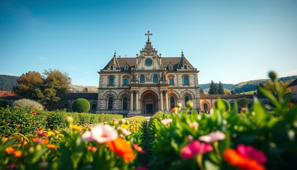 A captivating view of Kloster Corvey, showcasing its stunning Romanesque and Baroque architecture. In the foreground, lush green gardens with vibrant flowers lead the eye toward the intricately designed stone facade of the abbey. The middle ground features the grand entrance, complete with ornate arches and detailed sculptures. In the background, gentle rolling hills and a clear blue sky provide a serene backdrop. The image should be captured using a Sony A7R IV at 70mm, ensuring sharp focus and clarity, enhanced by a polarized filter for rich colors and contrast. The atmosphere is peaceful and respectful, showcasing the historical significance of this UNESCO World Heritage site without any human figures or distractions.