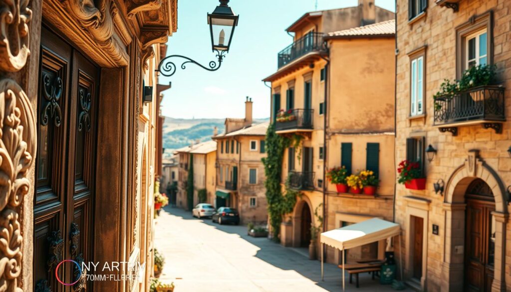 A captivating view of historic facades in a quaint European town, showcasing intricate stone carvings and detailed architectural elements. In the foreground, weathered wooden doors and ornate wrought iron balconies add character. The middle ground features a row of beautifully restored buildings with varying shades of stone, adorned with climbing ivy and colorful window boxes. In the background, a soft-focus of rolling hills under a bright blue sky creates a serene atmosphere. The scene is illuminated by warm, golden sunlight, enhancing the textures of the stonework. Shot on a Sony A7R IV at 70mm with a polarized filter, the image captures sharp details and vivid colors, evoking a sense of nostalgia and charm.