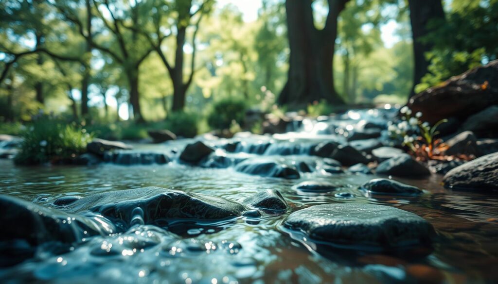 A cascading series of gentle water streams flowing through a serene forest, symbolizing the "Cascade of Empathy." In the foreground, soft, glistening droplets catch the light, reflecting hues of blue and green. In the middle ground, smooth stones are partially submerged, surrounded by lush greenery and delicate wildflowers, creating a sense of tranquility. The background reveals towering trees with dappled sunlight filtering through the leaves, casting intricate patterns on the ground. The atmosphere is calm and contemplative, inviting viewers to reflect on emotional connection and support. The image is shot with a Sony A7R IV at 70mm, utilizing a polarized filter for clear focus and sharp definition, emphasizing the enchanting details of the scene.