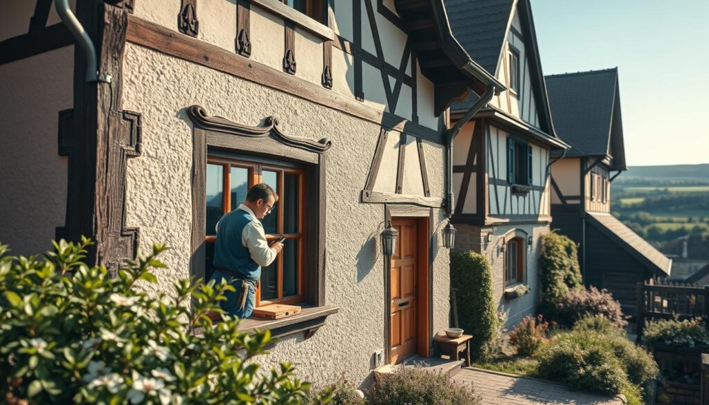 A charming half-timbered house in Bodenwerder, showcasing the benefits of professional renovation. In the foreground, a skilled craftsman in professional attire meticulously working on the house's exterior, using traditional tools. The middle ground features the beautifully restored façade, with intricate woodwork and fresh paint, highlighting the quality of the restoration. In the background, the serene landscape of the Weser Valley, with lush greenery and soft rolling hills under a bright, clear sky. The scene is bathed in natural sunlight, creating a warm and inviting atmosphere. Captured with a Sony A7R IV at 70mm, ensuring clear focus and sharp details, enhanced by a polarized filter to enrich colors and reduce glare.