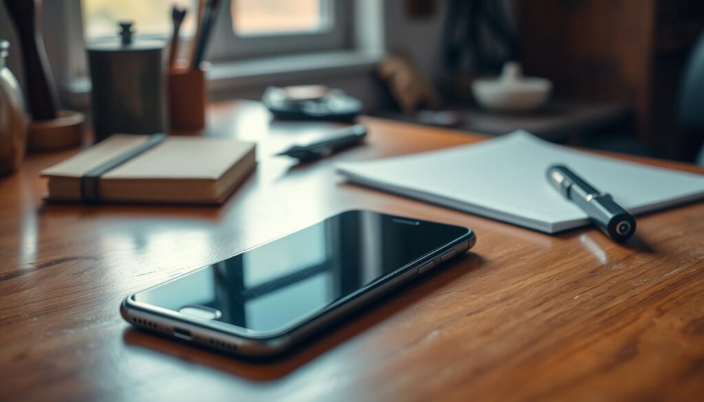 A close-up image of a sleek, modern smartphone resting on a polished wooden desk, emphasizing its role as a tool for effective communication. In the foreground, the phone is prominently displayed, its screen softly glowing, showcasing a simple, user-friendly interface. The middle ground features a well-organized workspace with a few essential tools and a notepad, suggesting the environment of an attentive craftsman. The background includes a softly blurred window with natural light streaming in, creating a warm and inviting atmosphere. Shot on a Sony A7R IV at 70mm with crisp focus and a polarized filter to enhance colors, the image conveys professionalism and readiness for initial contact, embodying the perfect "acoustic business card" for an artisan.