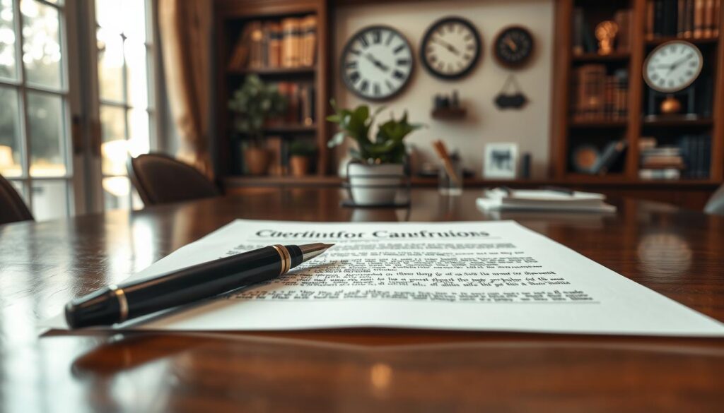 A close-up of a formal written confirmation letter laid on a polished wooden desk. The foreground features a neatly typed letter with elegant typography, partially covered by a stylish black pen. In the middle, hints of a refined office environment are visible, including a small potted plant and a sophisticated clock on the wall, conveying a business atmosphere. The background subtly shows blurred outlines of bookshelves filled with important literature and a large window letting in soft, natural light. The image has a warm tone, suggesting professionalism and clarity, with sharp details emphasizing the texture of the paper and the sheen of the pen. Shot on a Sony A7R IV with a 70mm lens, providing a well-defined and clearly focused composition, enhanced by a polarized filter to reduce glare.
