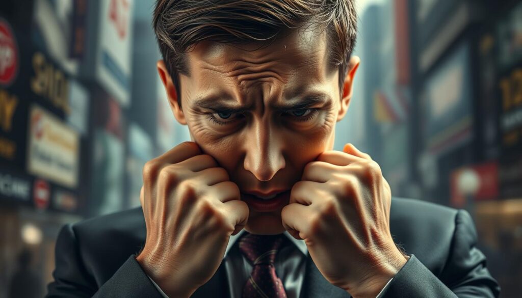 A close-up of a person in a professional business attire, visibly experiencing anxiety. Their facial expression conveys panic and worry, with furrowed brows and wide eyes. In the background, soft blurred images of chaotic urban environments symbolize overwhelming stress. Midground focuses on the person's hands clenched tightly, showcasing physical reaction to fear. The lighting is soft but dramatic, creating deep shadows that enhance the mood of tension. Taken with a Sony A7R IV at 70mm, the image is sharply defined with a polarized filter, capturing intricate details like sweat on the forehead and tension in the posture. The overall atmosphere is one of unease and urgency, illustrating the sensations associated with anxiety and panic.