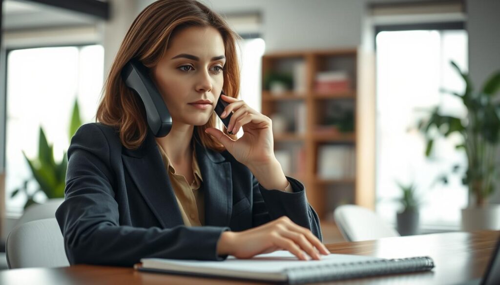 A close-up of a professional woman engaged in a telephone conversation, exuding concentration and empathy. She wears a tailored blazer with subtle colors, sitting in a modern office environment, filled with soft natural light from a nearby window. In the foreground, a sleek desk with a notebook and a pen hints at her diligence in note-taking while listening. The background features blurred outlines of plants and bookshelves, creating a calm atmosphere that emphasizes the mood of effective communication. The image is shot with a Sony A7R IV at 70mm, utilizing a polarized filter for clarity and sharp definition, capturing the essence of attentive listening in business conversations.
