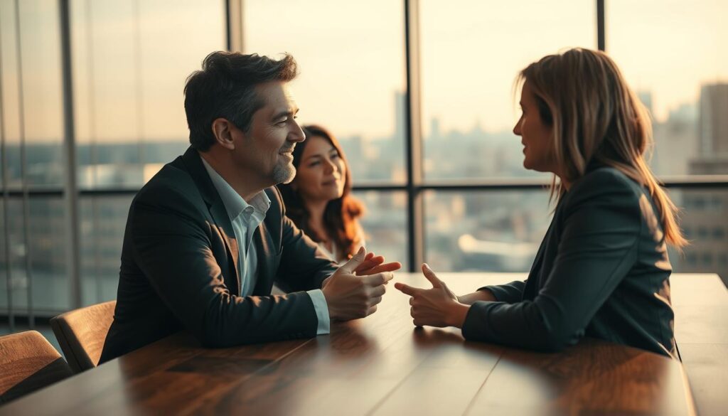 A close-up of two professionals sitting at a modern wooden conference table, one person actively listening and showing empathy while the other speaks, conveying emotion through facial expressions and body language. Soft, warm lighting highlights their faces, creating an inviting atmosphere. In the background, a softly blurred cityscape through a large window adds context, symbolizing connection and communication. The image should capture the subtleties of emotional relevance in a dialogue, emphasizing genuine interaction. Shot on Sony A7R IV, 70mm, clearly focused, sharply defined, with a polarized filter to enhance colors and contrast, conveying a sense of warmth and openness.