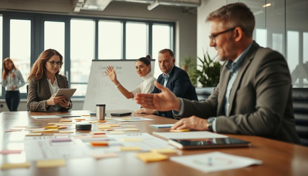 A close-up scene depicting a diverse group of professionals engaged in a lively decision-making process around a large conference table. In the foreground, a middle-aged woman in a smart blazer is using a tablet, while a younger man gestures emphatically, highlighting ideas on a whiteboard. The middle ground features sticky notes and charts scattered across the table, illustrating various decision-making strategies. The background includes a modern office environment with large windows allowing natural light to pour in, creating a bright and inviting atmosphere. The composition is shot with a Sony A7R IV at 70mm, ensuring clear focus and sharp definition. The mood is dynamic and collaborative, emphasizing teamwork and effective strategies in decision-making. The lighting is soft and warm, enhancing the professionalism of the setting.