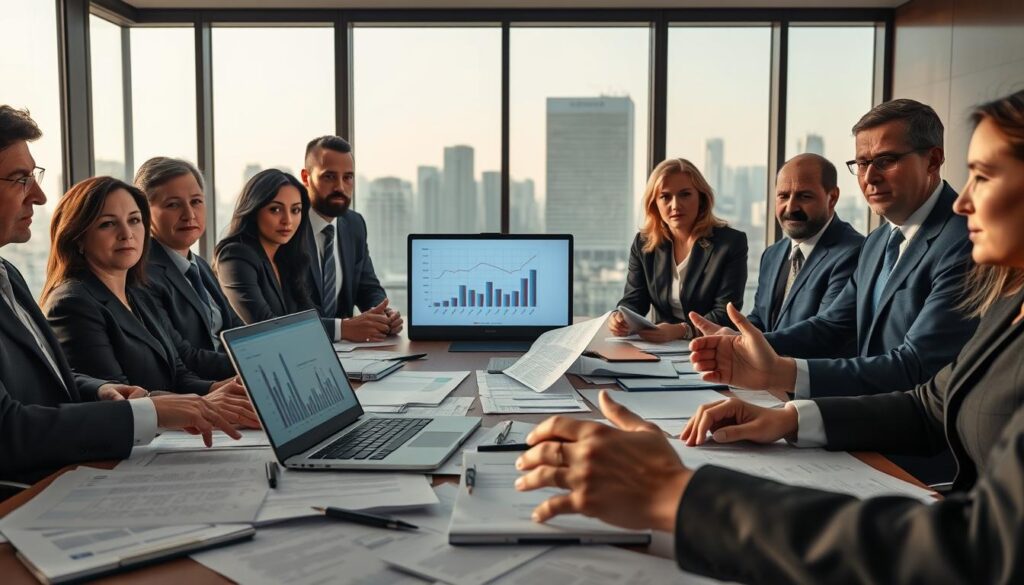 A close-up scene of a professional office setting, featuring a diverse group of business professionals, all dressed in formal business attire, gathered around a large conference table cluttered with documents and legal papers symbolizing employment law. The foreground shows hands gesturing towards a laptop displaying charts and data, while in the middle, serious expressions convey deep discussion about evidence in workplace disputes. In the background, a large window reveals a cityscape bathed in soft, natural light, enhancing the serious atmosphere. The image should be sharply defined, shot with a Sony A7R IV at 70mm using a polarized filter, creating a crystal-clear focus that highlights the participants' engaged expressions and the detail of the documents. The overall mood is focused, professional, and authoritative.