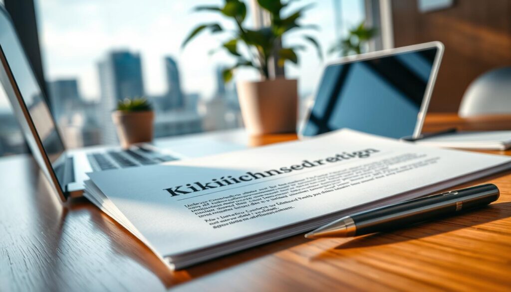 A close-up view of a Kündigungserklärung document, with a focus on the elegant typography and professional layout. The document is placed on a polished wooden desk, surrounded by a modern office setting that includes a sleek laptop, a potted plant, and a stylish pen. In the background, a blurred image of a city skyline is visible through a large window, emphasizing a corporate atmosphere. Soft, natural light filters through the window, casting gentle shadows and highlighting the textures of the desk and document. The scene conveys a sense of professionalism and urgency, suitable for discussing resignation timelines. Shot on a Sony A7R IV at 70mm, ensuring clear focus and sharp details, enhanced with a polarized filter for vivid colors.